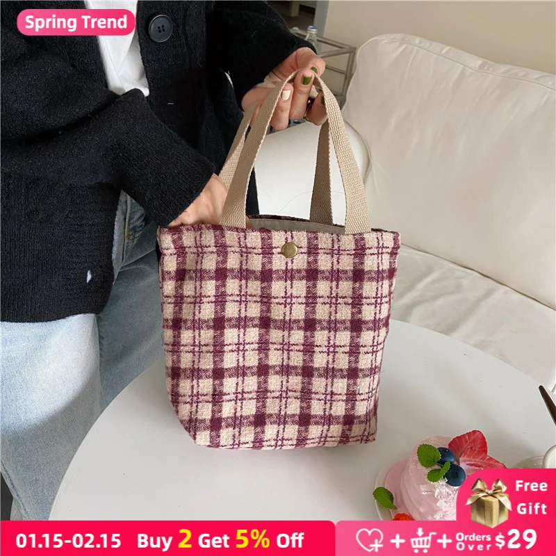 

Simple Woolen Women Lunch Bento Bag Retro Plaid Ladies Small Purse Handbags Female Daily Shopping Shoulder Bags Mini Casual Tote