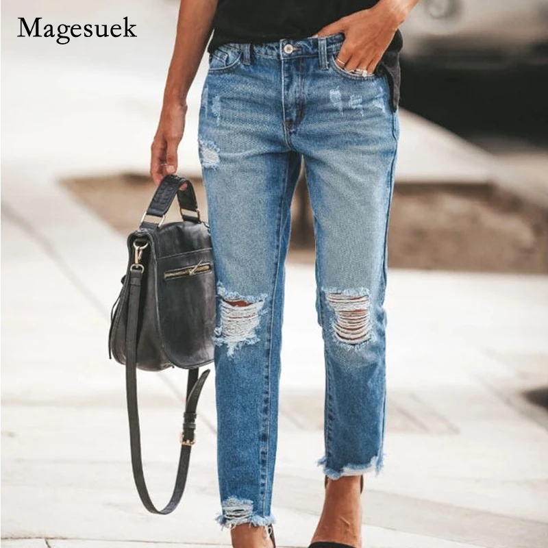 

2022 Summer Ladies Plus Size Full Length Pencil Pants Drawstring Denim Jeans for Women Hole Jean Skinny Jeans Ripped Jeans 16222