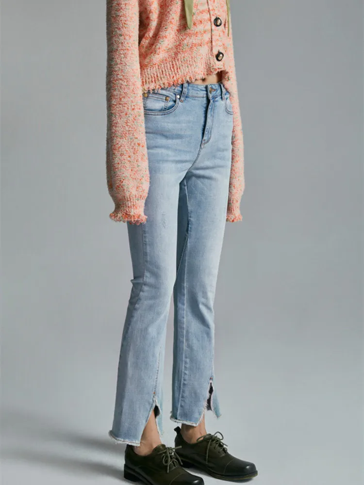 

Spring Summer Women Flared Denim Trousers 2022 New Fashion Female Asymmetric Slit Zipper Fly High Waist Jeans