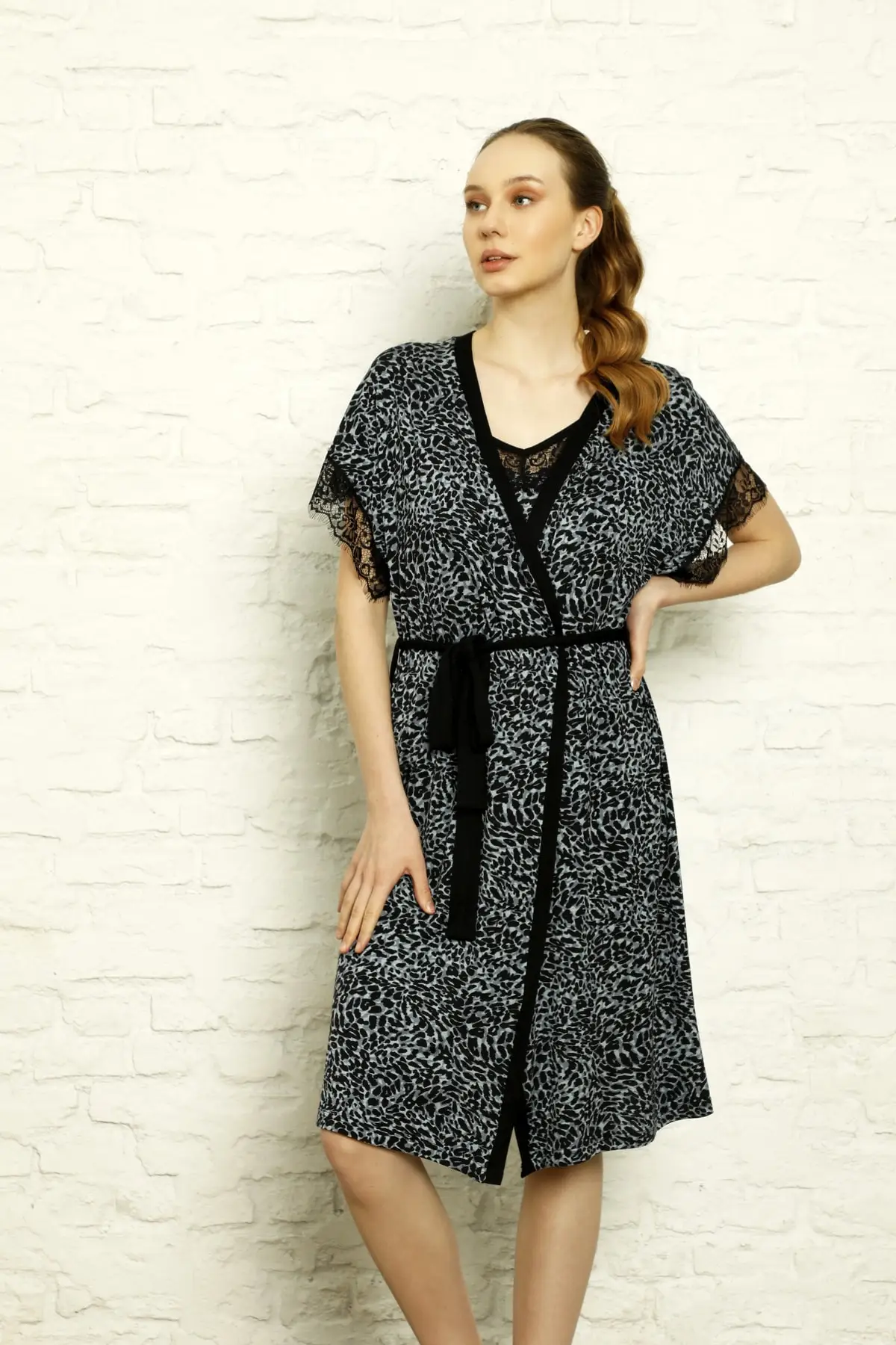 

Dressing Gown Leopard Belted -Kimono Fashion Robe Robe Robe Sexy Peignoir Kimono Bride Sleepwear Night Gown