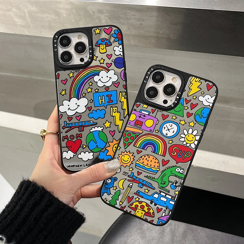 

Ins Fashion Brand Rainbow Smile Label Phone Case For iPhone 13 12 11 Pro Mini Xs Max X Xr 7 8 Puls SE 2 Makeup Mirror Cover