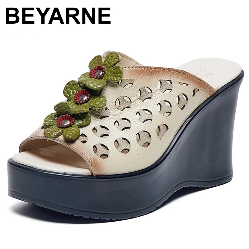 

Женские туфли на танкетке 8 см, Натуральная Воловья кожа, аппликация, дизайнерские Роскошные модные элегантные тапочки на платформе, лето