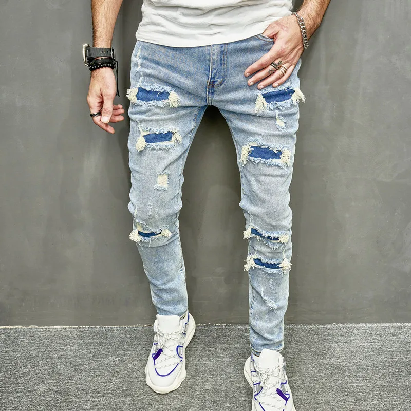 2023 New Men's Tight Fit Jeans American High Street Fashion Brand Broken Hole Slim Fit Small Foot Elastic Men's Slim Fit Jeans
