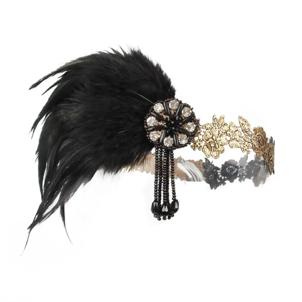 

Черная ретро лента для волос в стиле 1920-х с инкрустированными бриллиантами и черными перьями с кисточками, повязка на голову, Свадебная и Ба...