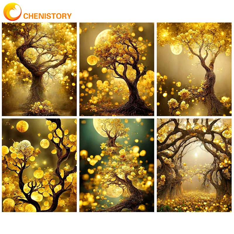 

CHENISTORY Interior Painting By Numbers Gold Tree Acrylic Paints Number Painting DIY Pictures By Numbers Artwork Home Decor
