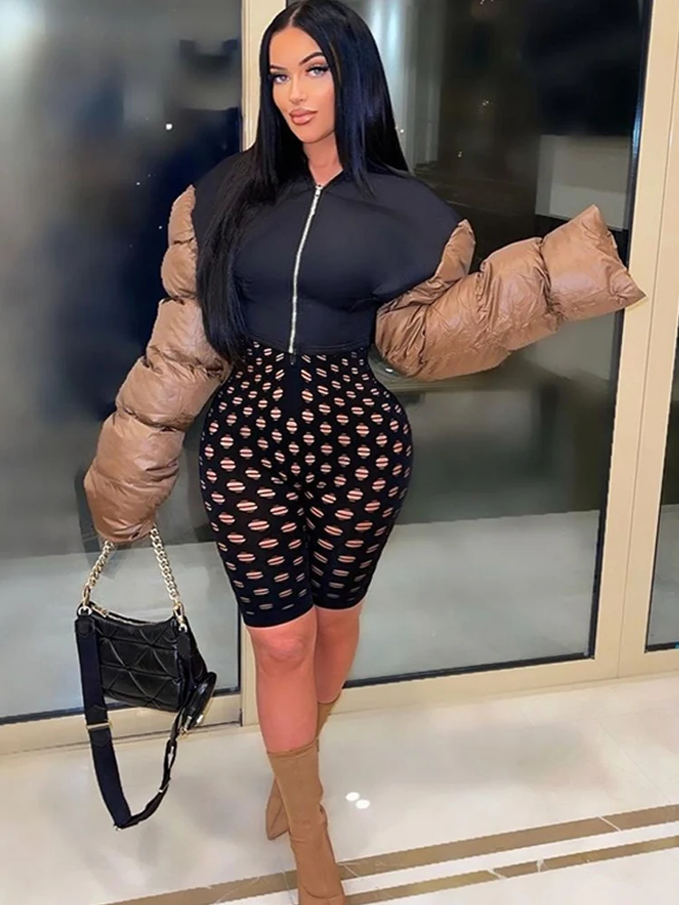 Women Patchwork Cropped Parkas Long Sleeve Zipper Female Cotton Puffer Padded Jackets Streetwear Outwear Coat 2022 Winter