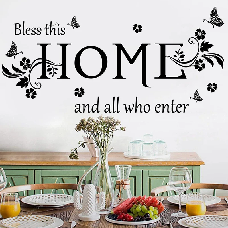 

Black Vinyl Wall Sticker Bless This Home and All Who Enter Quotes Decals Flowers Butterfly Wall Decor Living Sofa Wall Art Decal