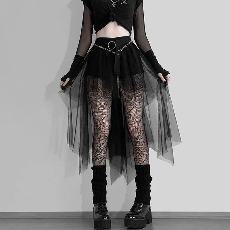 

Goth Dark Mall Gothic Asymmetrical Hem Gauze Midi Skirts Grunge Aesthetic Punk Aline Emo Skirt Party High Waist Alt Bottoms 2023
