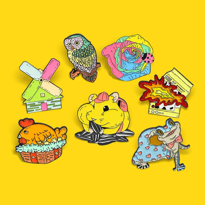 Fashion Animal Pins lizard Mouse Hamster Hen Owl Insect Ladybug Rainbow Rose Enamel Brooch Lapel For Kid Jewelry Gift Wholesale