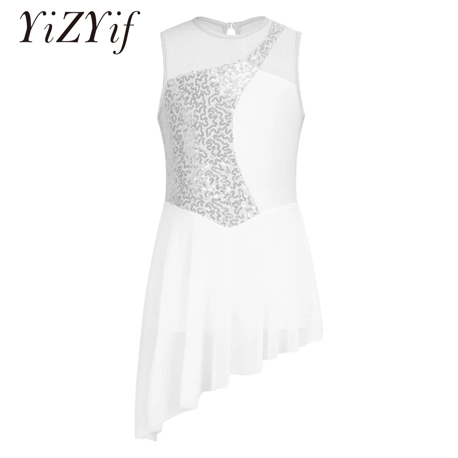 

Kids Girls Ballet Leotard Dress Sequins Lyrical Dance Dress Sleeveless Irregular Hem Hollow Back Stage Performance Dance Dress