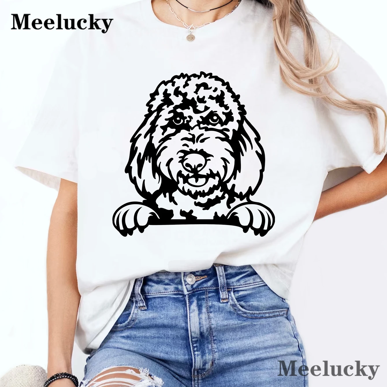 Goldendoodle Peeking Женская футболка из чистого хлопка с принтом летняя коротким рукавом