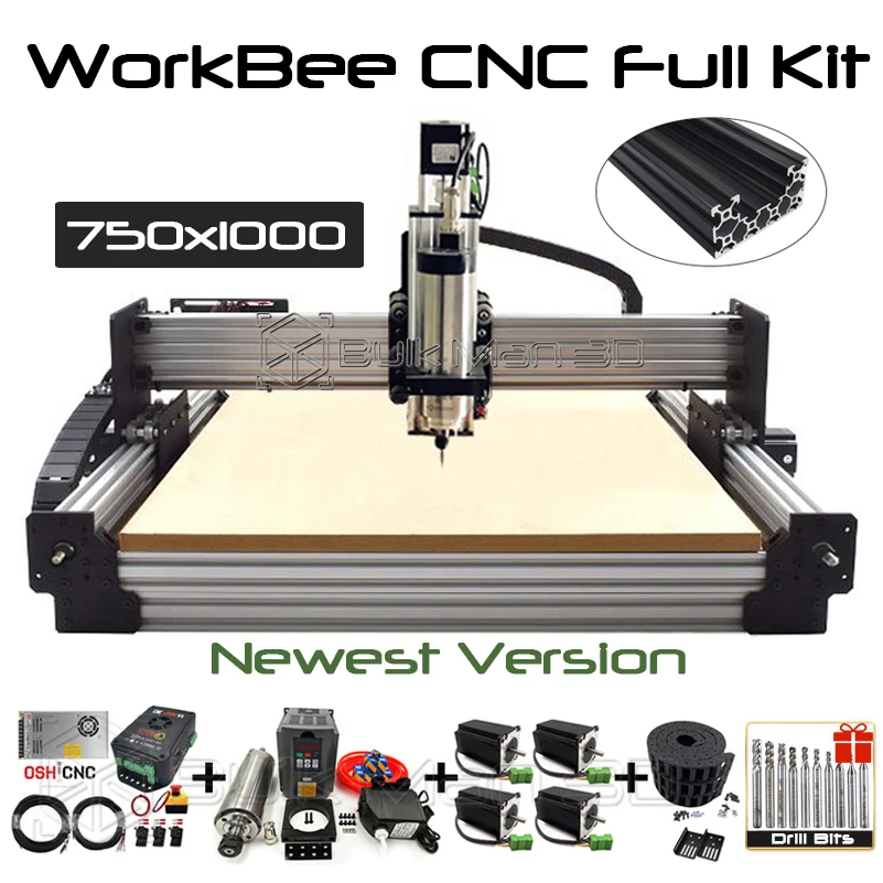 

Newest Black 750x1000mm WorkBee CNC Router Machine Full Kit with Tingle Tension System 4 Axis Wood Metal Milling Engraver