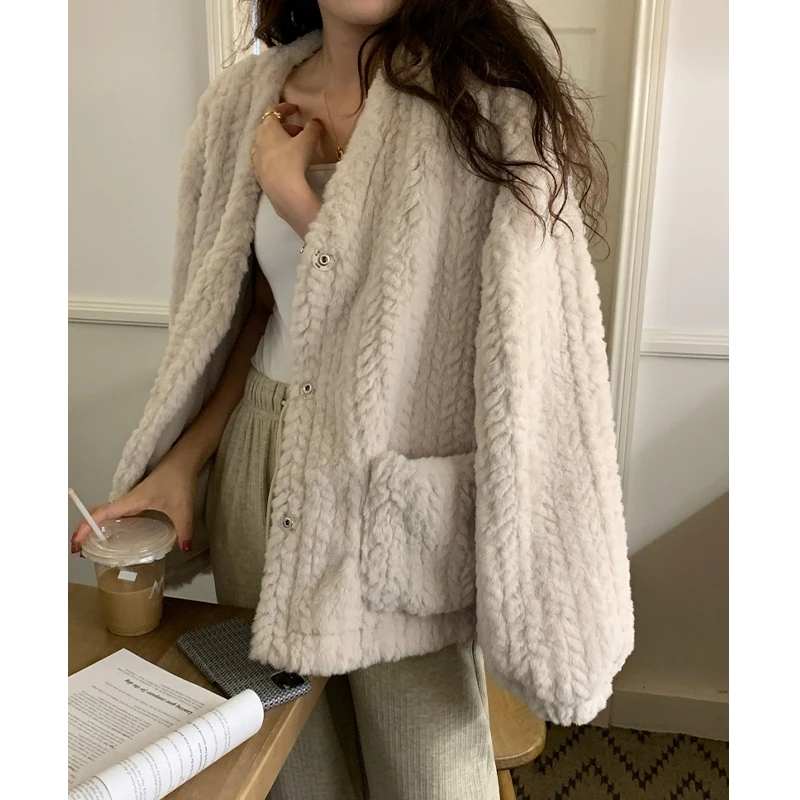 Trendy Women's Thick Warm Sherpa Jacket Loose Fashion Long Sleeve V-Neck Plush Coat Casual Versatile Solid Winter Outerwear New