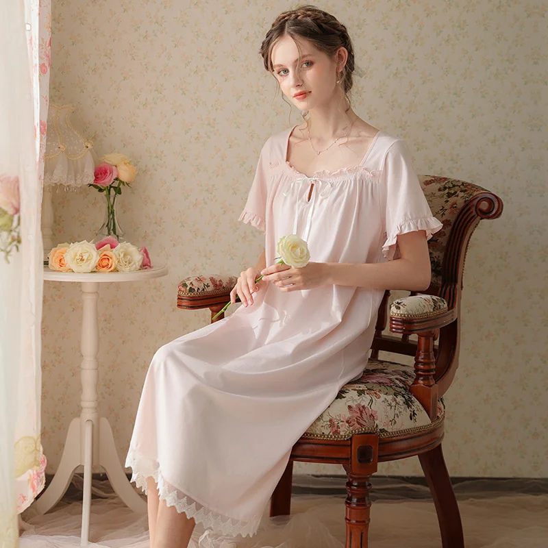 Nightdress short sleeve new cotton long loose female summer palace princess sweet pajamas home
