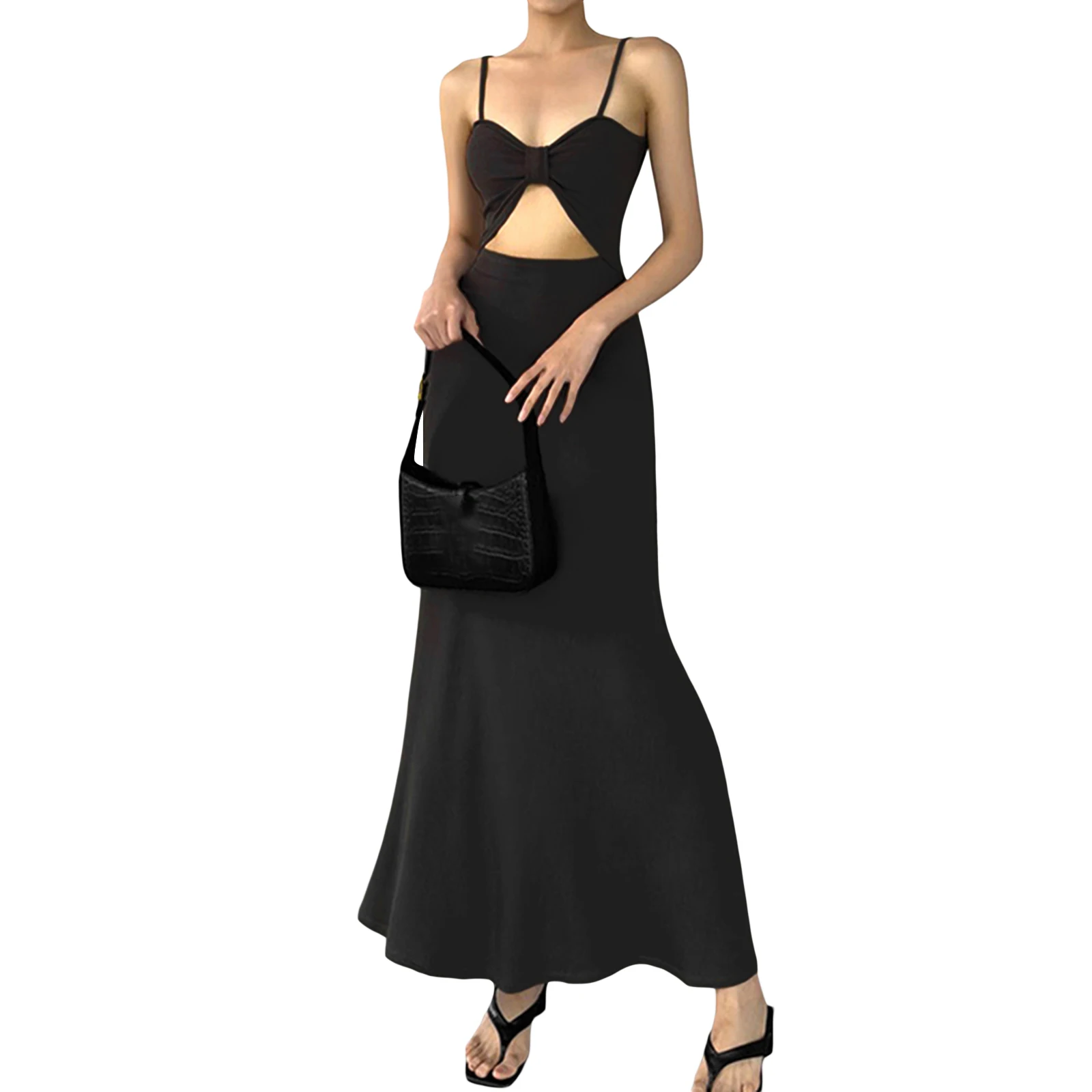 

Women's Sling Bodycon Long A-Line Dress Summer Spaghetti Straps Hollowed Solid Color Swing Dress for Party