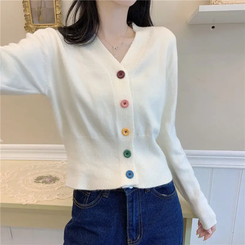

girl summer autumn knitted jacket thin cardigan women full sleeve knitted blouse candy color button white soft