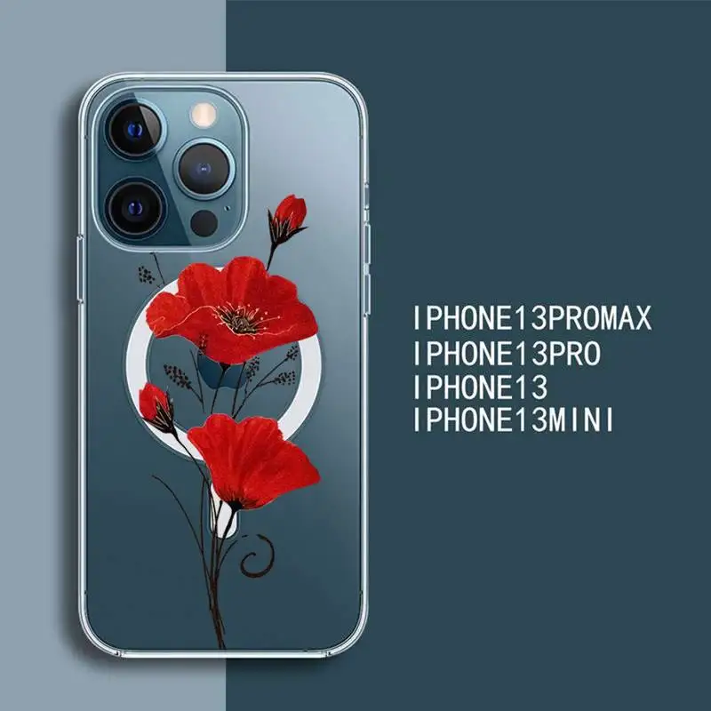 

Poppy flower Phone Case For iPhone 13 12 Mini Pro Max transparent Super Magnetic MagSafe Cover