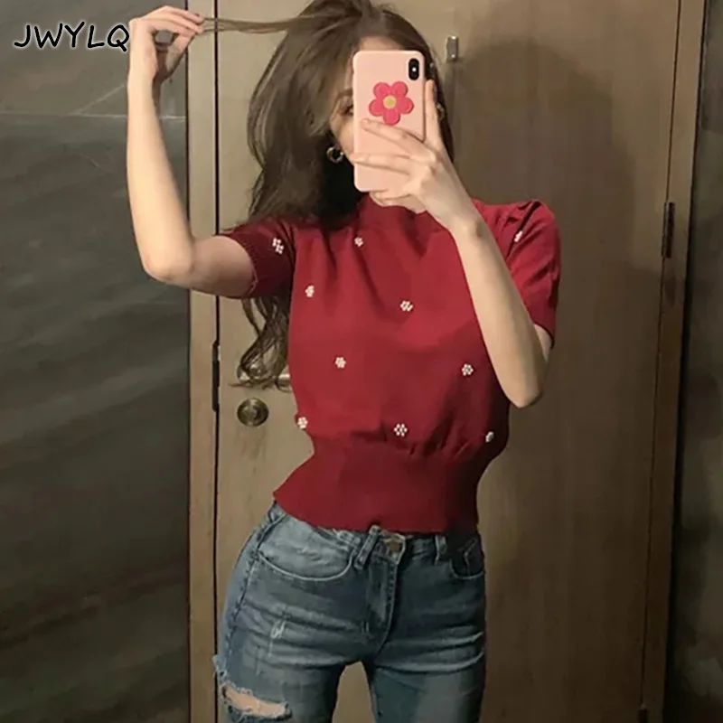 

Korean Short Sleeve O-neck Pearl Pullover Sweater Women Summer Slim Loose Knitted Cropped Sweater Simple Streetwear Tops