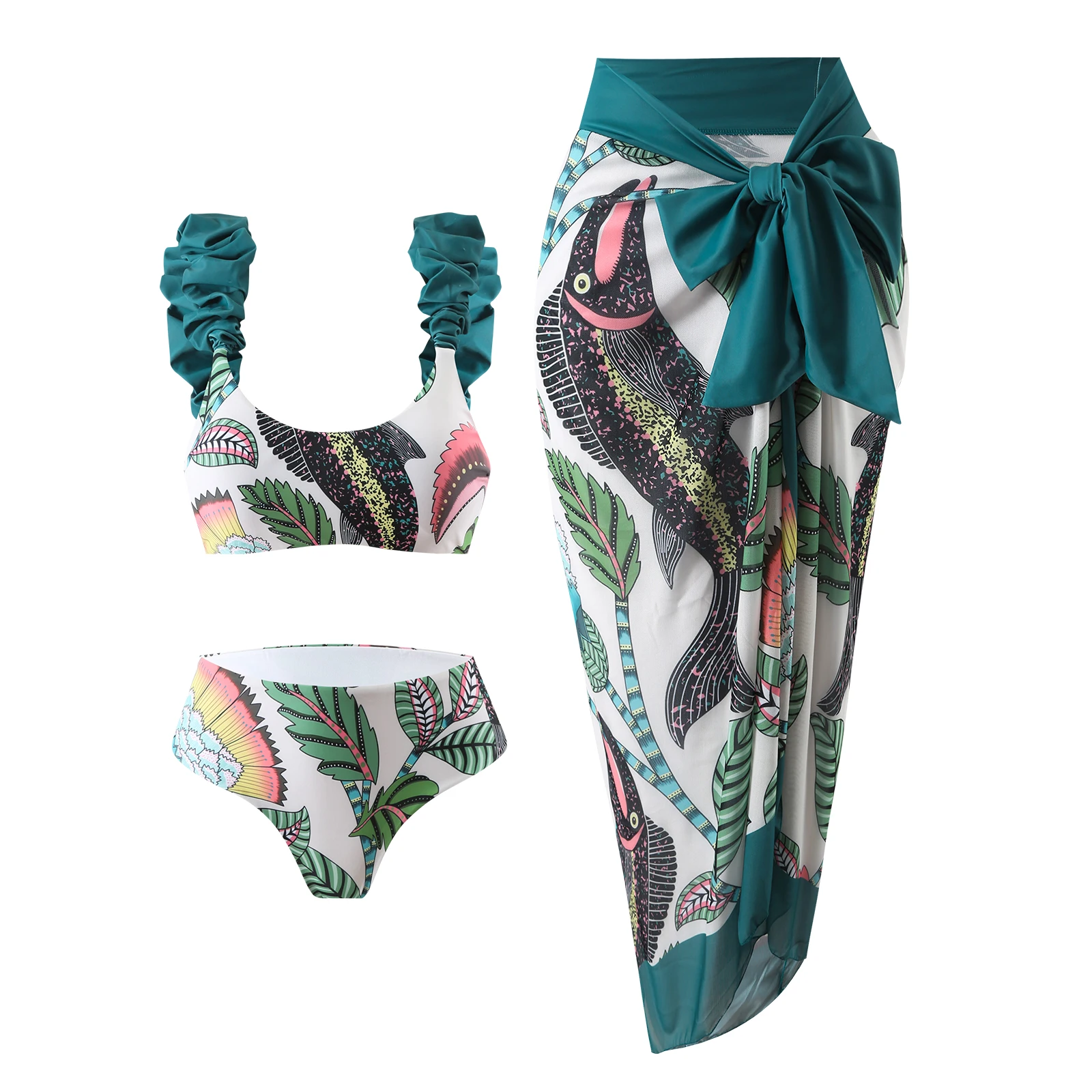 Женский раздельный купальник с рюшами и цветочным принтом в стиле бохо