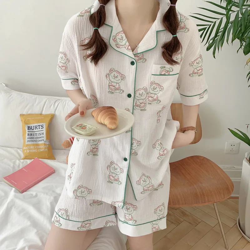 

Crepe Gauze Cotton Shorts Pajama Set Women Summer Sleepwear Korean Style Cartoon White Homewear Clothes Pijamas Breathable D173