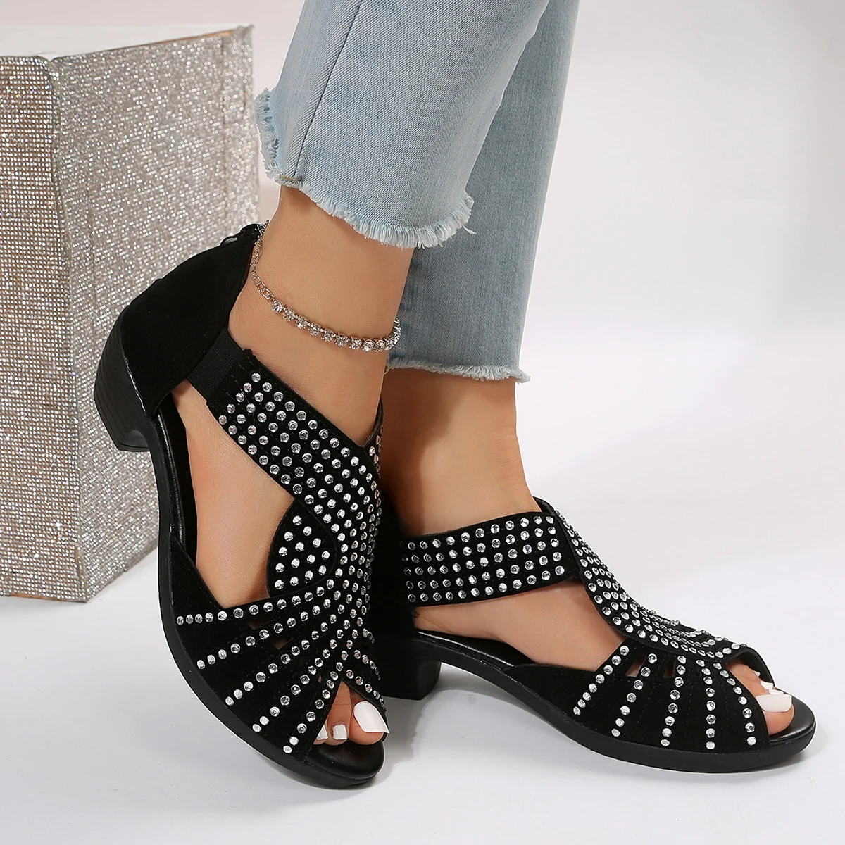 2022 new fashion comfortable dance sandals women's rhinestone zipper crystal indoor shoes women's open-toe shoes