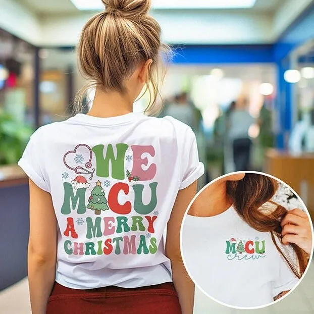 Рождественская футболка Micu Nurse с принтом Merry Back Medical Icu Rn Aide Tech Secretary Xmas Secret Santa