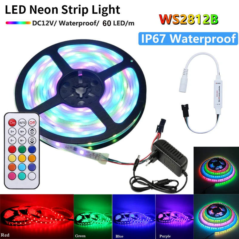 

DC12V LED Neon Strip Light Outdoor IP67 Waterproof RGB+IC 60Leds/M Flexible Neon Sign Tape for Holiday Home Decor 21Keys Control