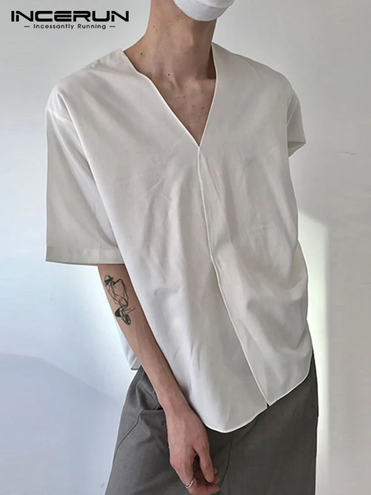 

Men Casual Shirt V Neck Short Sleeve Solid Color Streetwear Fashion Men Clothing Loose 2022 Summer Korean Shirts S-5XL INCERUN