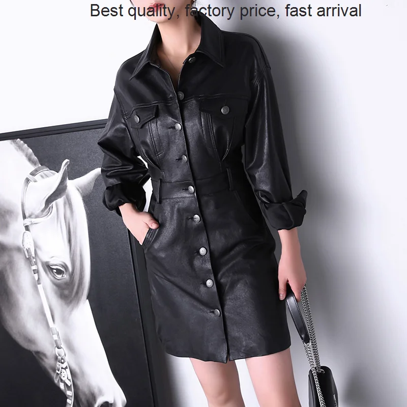 

quality luxury brand Women Leather Single-Breasted Shirt High Waist Genuine Sheepskin Solid Fashion Jacket Dress 2023 Autumn