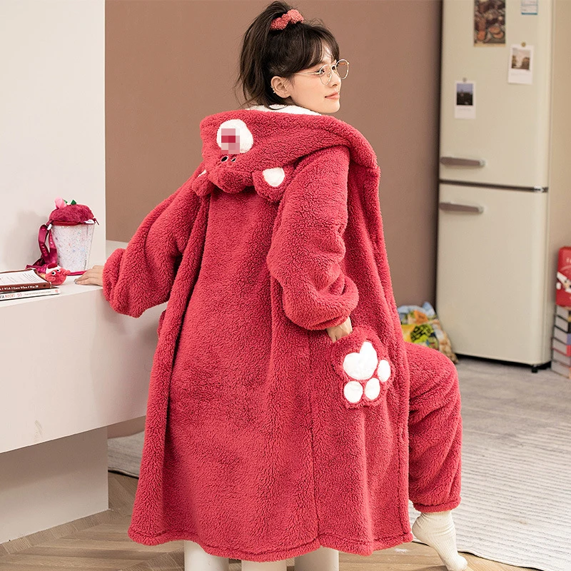 Winter Thick Hooded Flannel Animal Pajamas Sets Women Loose Long Sleeve Nightgown With Pants Cosplay Bear Cartoon Warm Nightwear