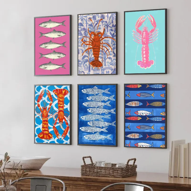 Красочные сардины Лобстер рыба вкусная еда настенный постер в стиле ретро