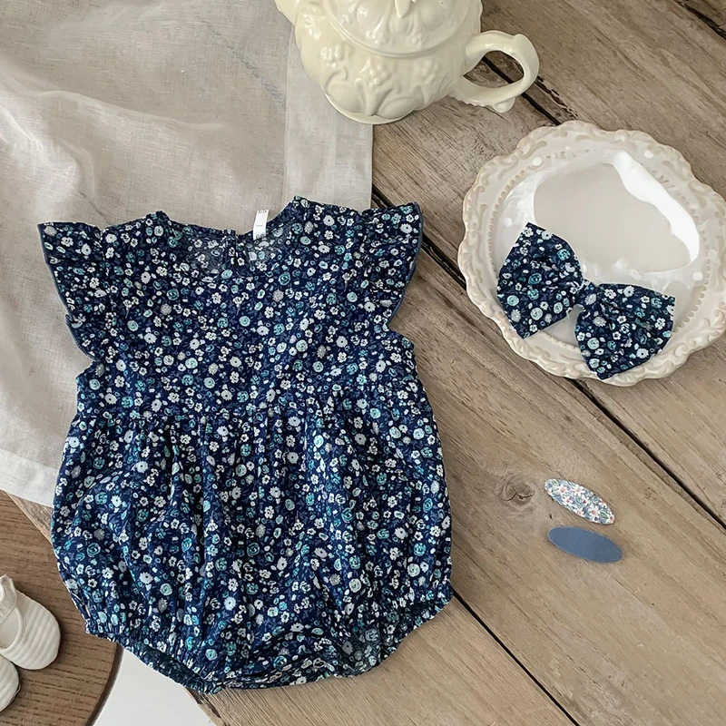 

Комбинезоны для новорожденных девочек + повязка на голову, хлопковый комбинезон для маленьких девочек с цветочным принтом, детская одежда, лето