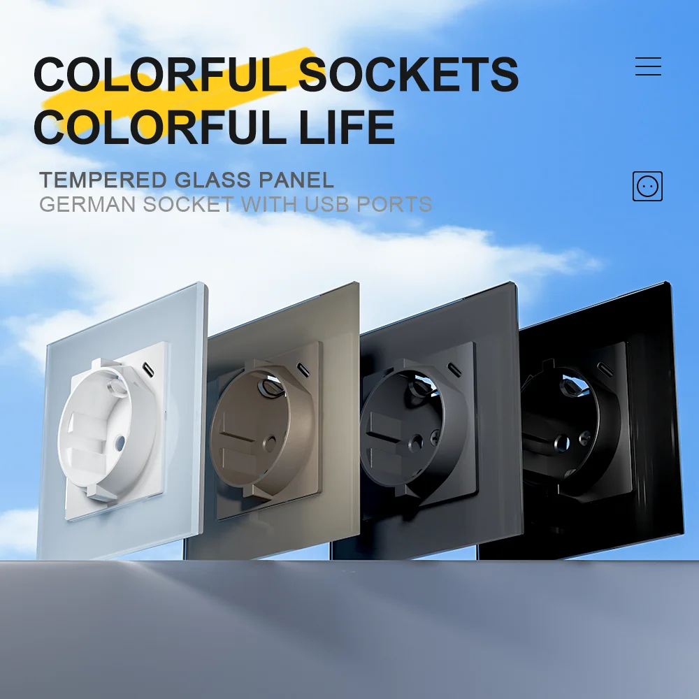 Европейская стандартная немецкая розетка 86*86 мм 250 в 16 А закаленная стеклянная