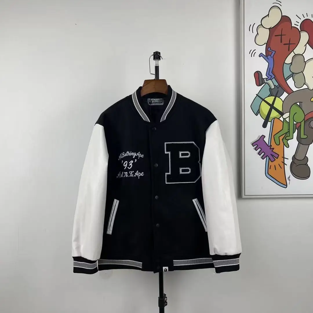 Bapes 22SS AW Серебряная Вышитая шерстяная бейсбольная куртка с вышивкой Бейсбольным