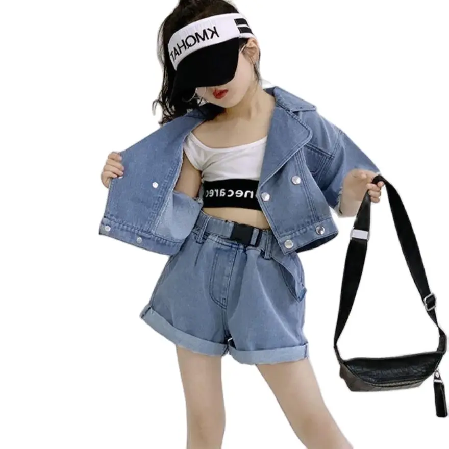 

2022 New Toddler Kids Baby Girls Short Sleeve Denim Tops + Jeans Shorts 2Pcs/Sets Summer Kids Fashion Clothing Suit 3 4 5 6 7 Y