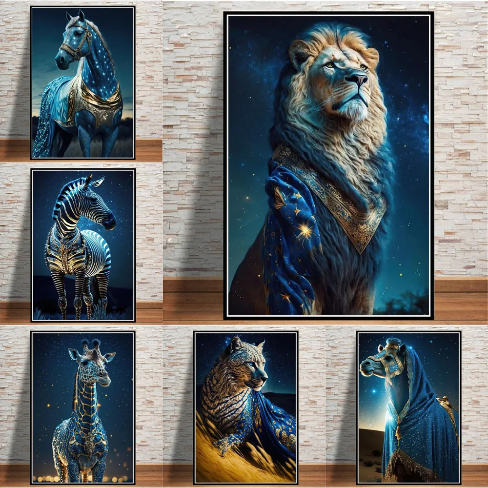 

Blue Golden Godlike Animal Fine Art Poster And Prints Starry Sky Lion Giraffe Horse Patron Saint Canvas Wall Painting Decoration