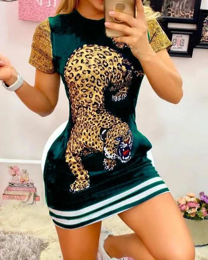

Contrast Paneled Short Sleeve Leopard Print Dress Elegant Dresses for Women Casual New Fashion 2023 Casual