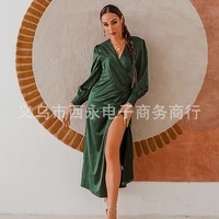 solid color and v neck split dress 2022 autumn tight waist sexy ladies party dress dress