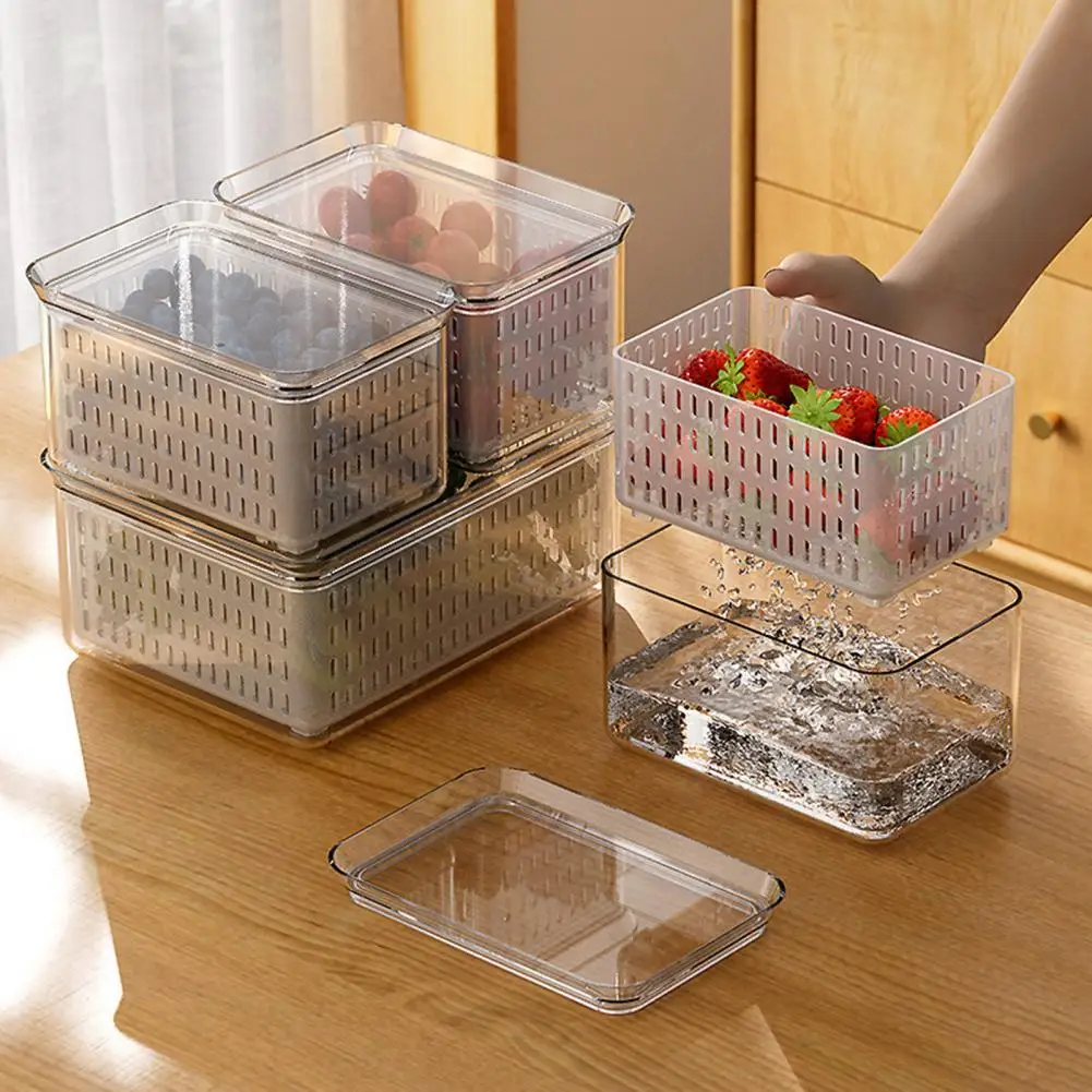 

Food Storage Box Double Layer Clear Fresh-keeping Reusable Vegetable Fruit Berry Salad Organizers Bin with Lid Kitchen Supplies