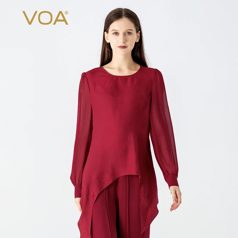 

(Fans Exclusive Discount) VOA Silk Jacquard Wine Red O-neck Georgette Shirt Long Sleeve Tops Women Asymmetric T-shirt New BE1355