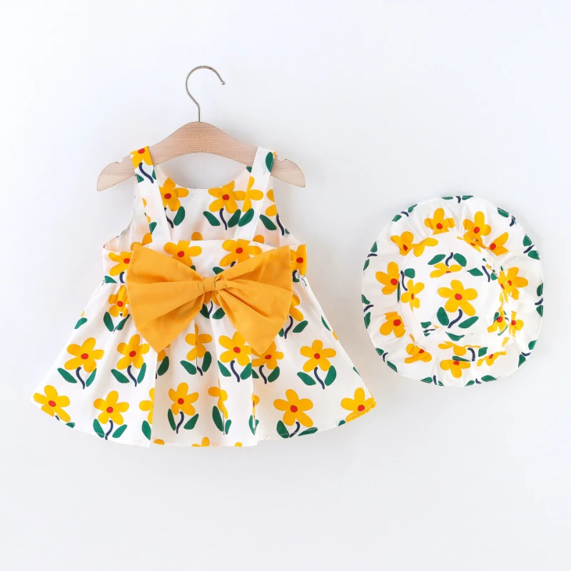 

Newborn Dresses Girls Dress Summer 2022 New Korean Flower Bow Suspender Baby Girl Dress with Hat Printed Toddler Clothes 0-18M