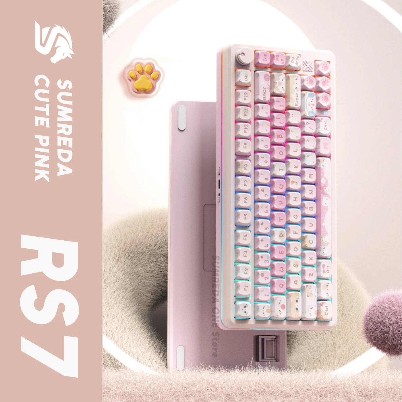 Фото Беспроводная игровая механическая клавиатура SUMREDA RS7 Cute Pink, 80% форм-фактор, Bluetooth, 2.4G, проводная, RGB, с возможностью горячей замены переключателей, для геймеров, бесконтактная №1