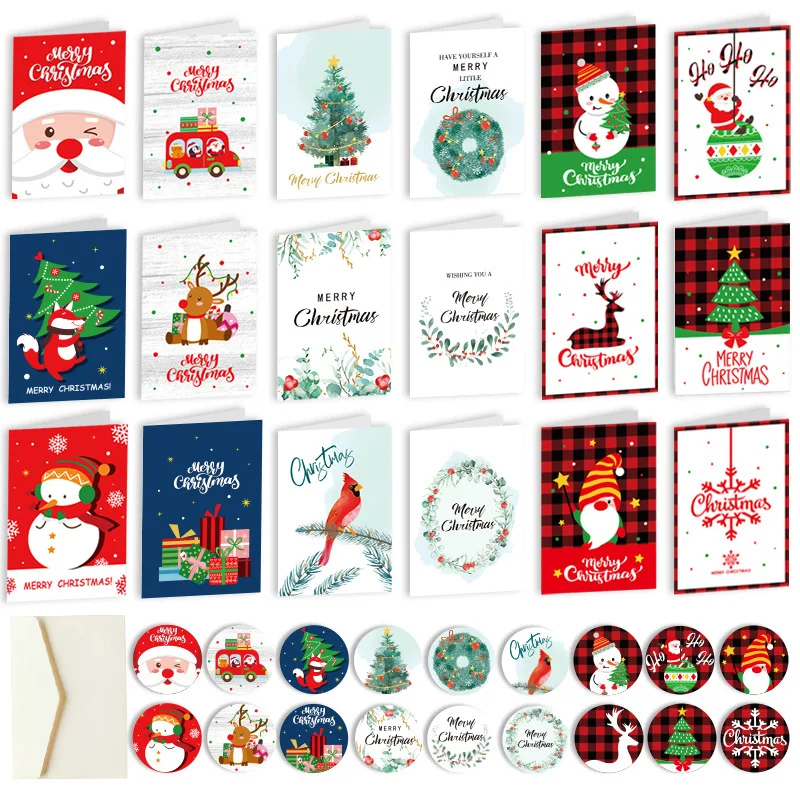 

6pc Merry Christmas Greeting Card with Envelope Stickers Kraft Paper Message Cards Postcard Xmas Noel Blessing Paper Decoration