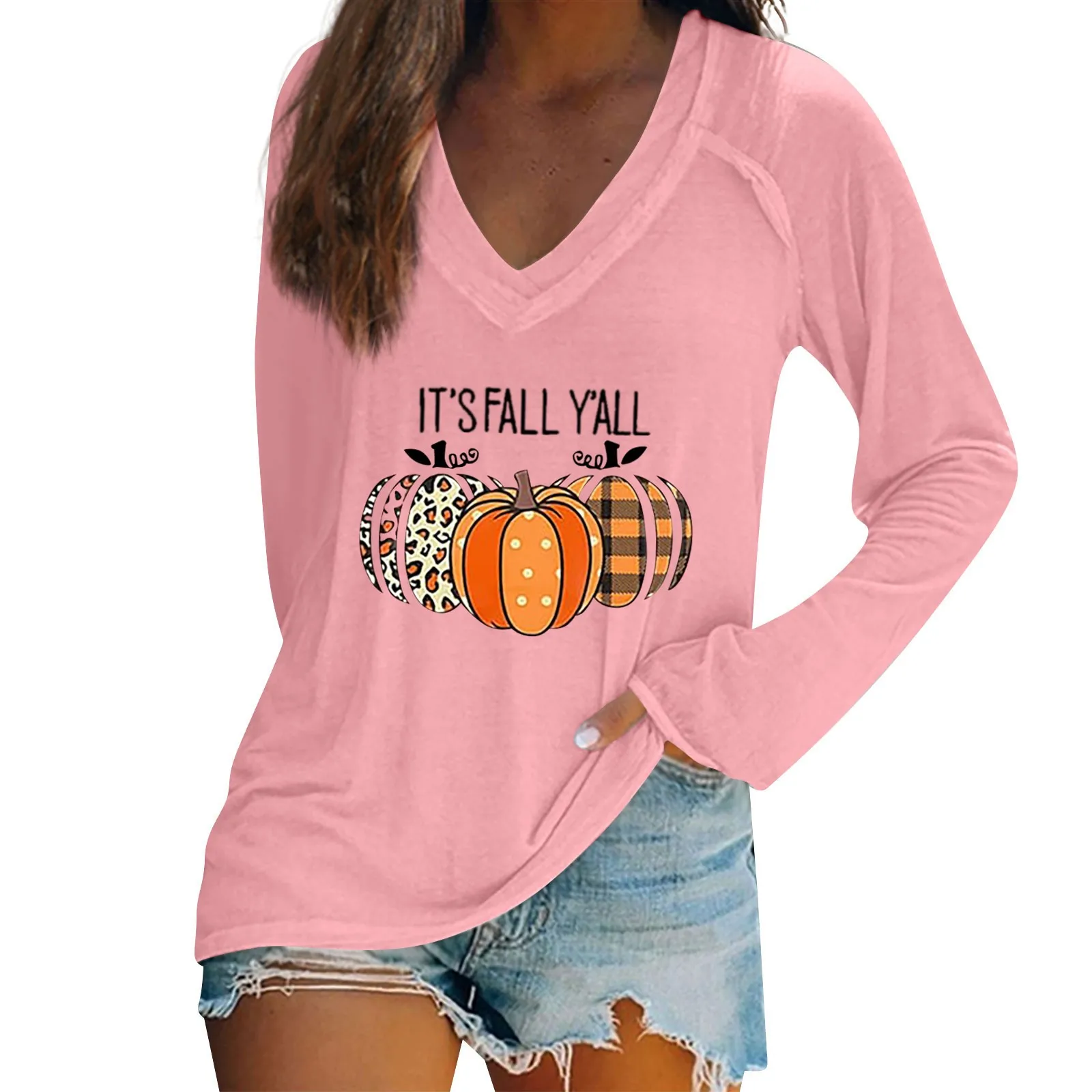 

Женская футболка с длинным рукавом, V-образным вырезом и принтом