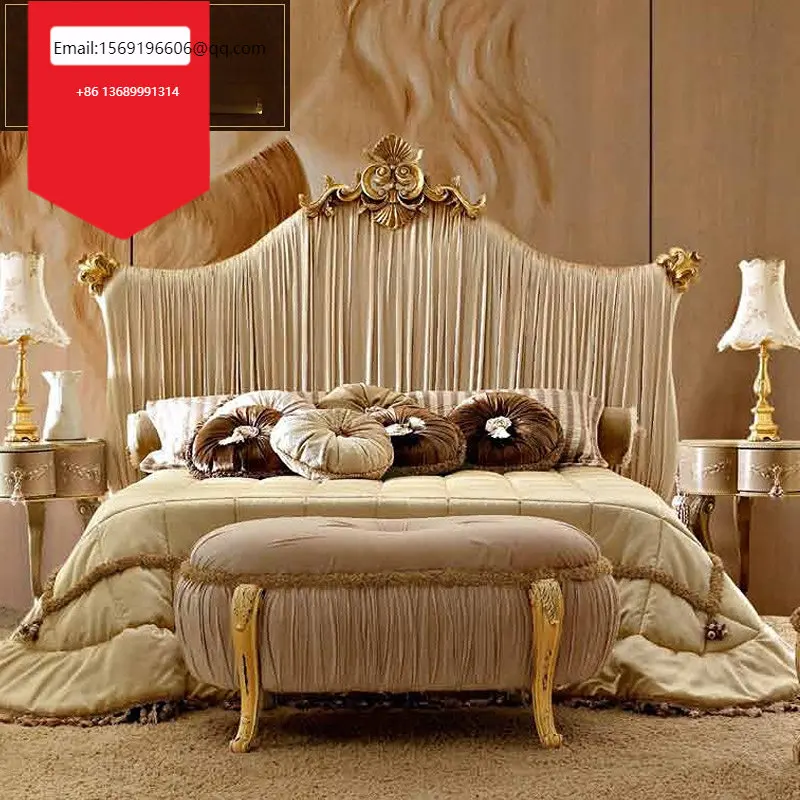 

Тканевая однотонная деревянная двуспальная кровать, Роскошная Новая классическая Свадебная кровать принцессы, европейская мебель из золотой фольги