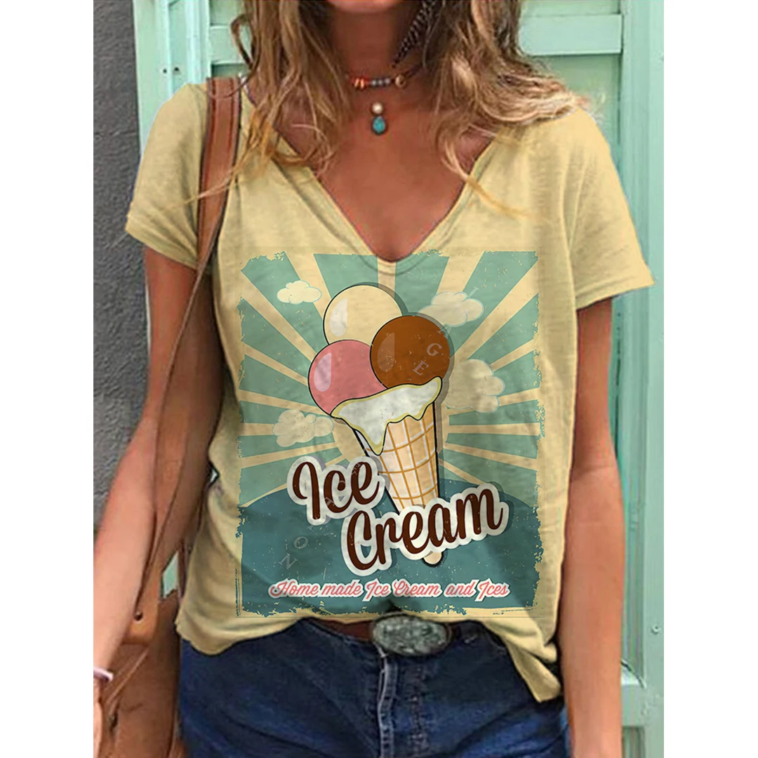 

T-Shirts Summer Female High Street Tee Lady Striped Print Casual Tops Women Short Sleeve Pullover Tops Ladies V-Neck Streetwear