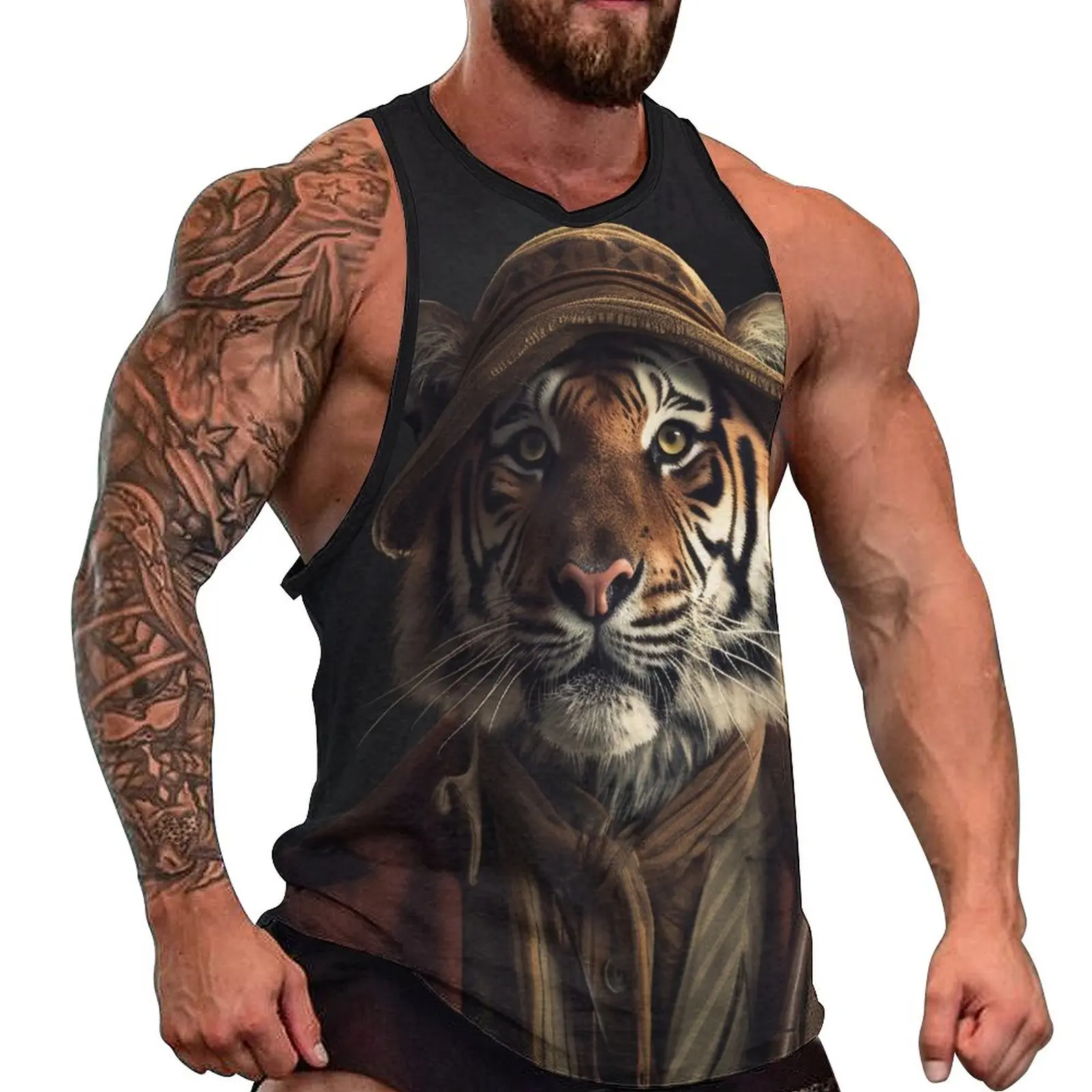

Tiger Tank Top Male Hunting Animal Tops Beach Printed Gym Trendy Oversize Sleeveless Vests