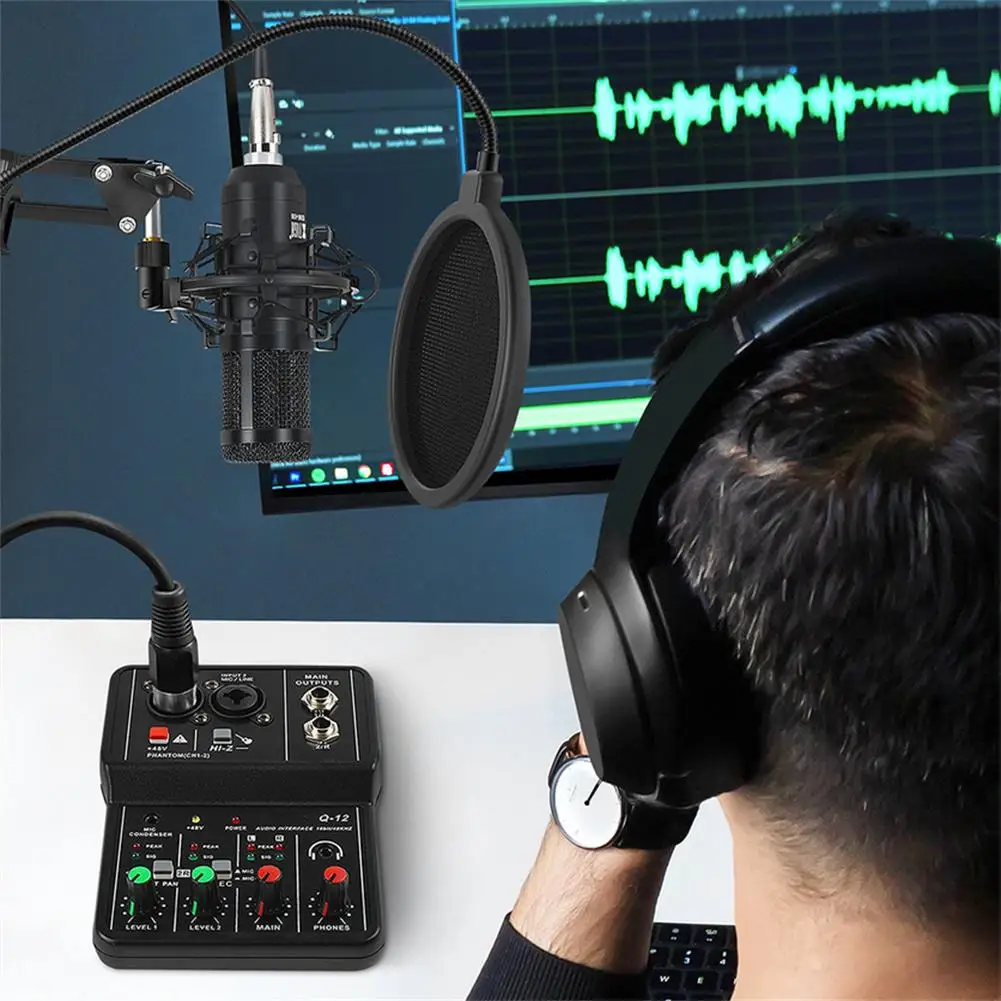 

Mini Q-12 Professional Audio Sound Card with Monitor Electric Guitar Live Broadcast Recording for Studio Singing Computer PC