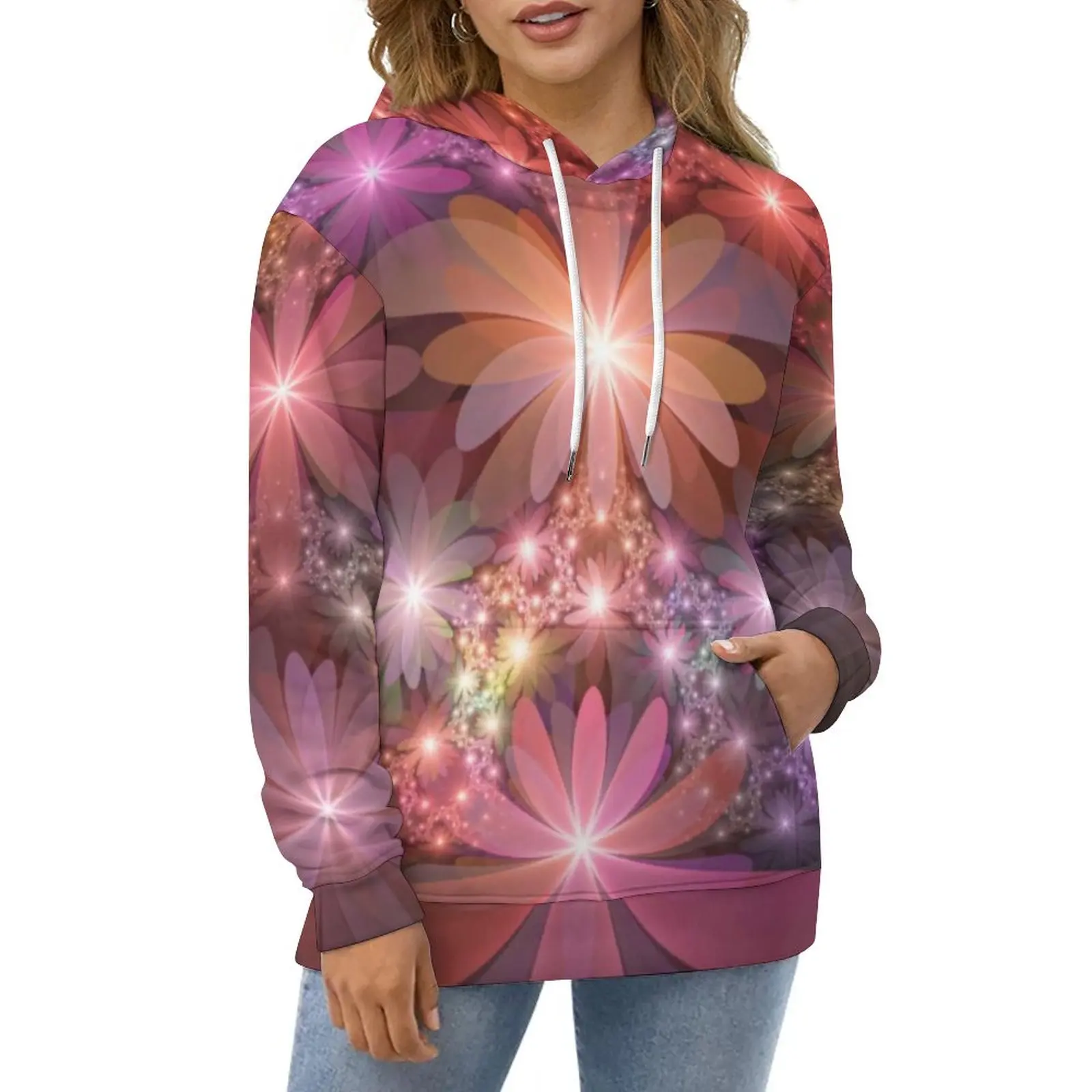 

Shiny Floral Print Hoodies Women Fractal Art Street Fashion Casual Hoodie Spring Long Sleeve Elegant Hooded Sweatshirts Big Size