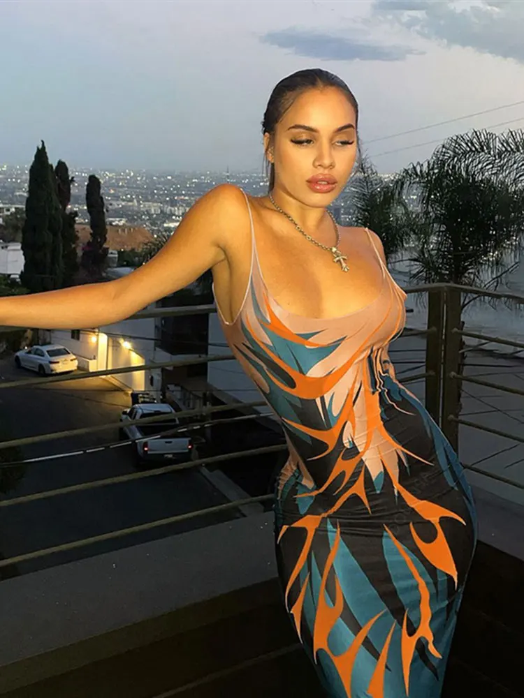 

Соблазнительное облегающее платье-комбинация в стиле бохо с голубым принтом, женская летняя одежда, элегантные вечерние платья макси на бр...